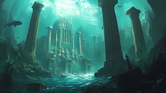 Underwater landscape of a submerged city with columns and temples in ruins belonging to an ancient lost civilization like atlantis or lemuria. Lost Atlantis. Illustration