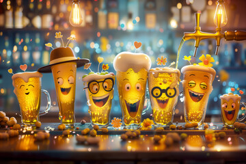 Fun, animated beer glasses with cheerful faces at a bar, celebrating with joy and laughter