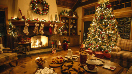 A cozy living room decorated for Christmas. The tree is filled with gold and red decorations, twinkling lights.