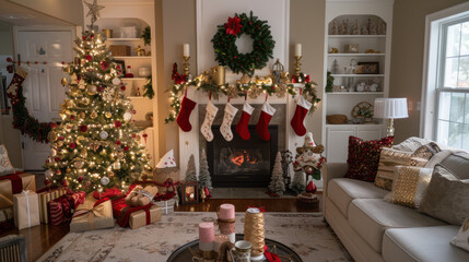 A cozy living room decorated for Christmas. The tree is filled with gold and red decorations, twinkling lights.