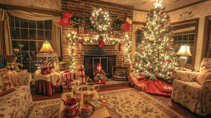 A cozy living room decorated for Christmas. The tree is filled with gold and red decorations, twinkling lights.