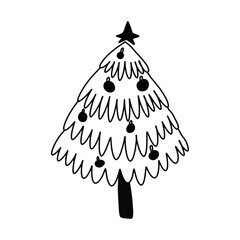 Christmas tree in minimalistic style, line art drawing, vector black and white illustration, clipart isolated on transparent background. Outline drawing for poster, print. Doodle hand drawn sketch
