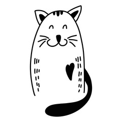 Cute kitten in love vector monochrome black and white illustration, baby animal clipart isolated on transparent background. Cat outline drawing for logo, web, poster, print. Doodle hand drawn sketch