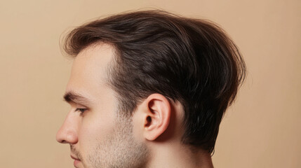 Fototapeta premium Young man with stylish haircut and light skin tone, showcasing side profile against neutral background. His hair is slightly tousled, adding modern touch to his appearance