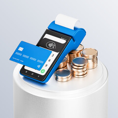 3d icon of pos terminal with coins and credit card. 3d illustration for finance and banking on white background. simple 3d rendering of payment terminal with money on platform