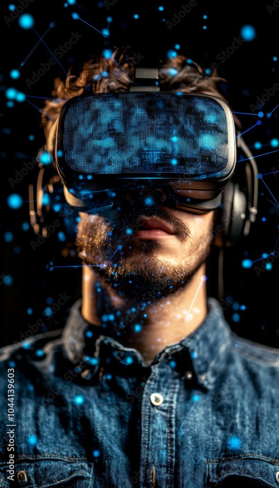 Poster man immersed in virtual reality experience with futuristic data visualization, metaverse concept.