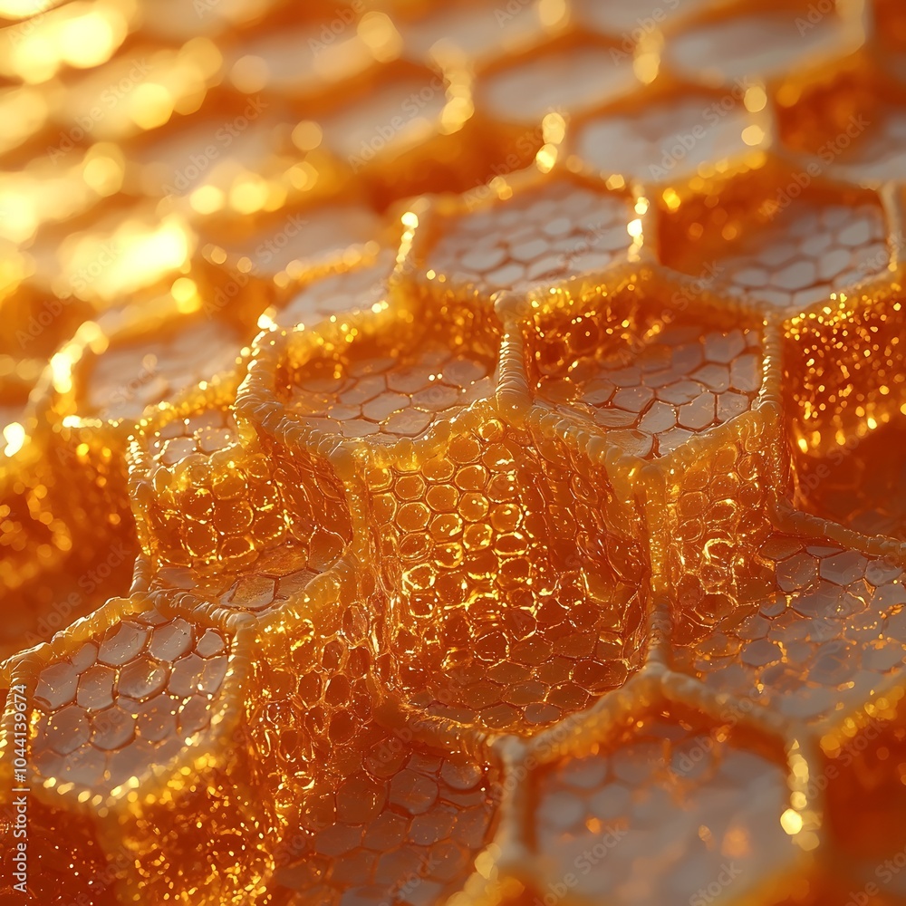 Poster a close-up view of vibrant amber honeycomb showcasing intricate hexagonal patterns, illuminated by w