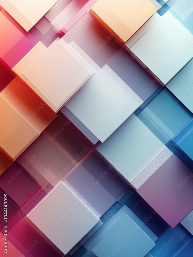 Poster colorful geometric abstraction combines squares and rhombuses with overlapping layers, creating dept