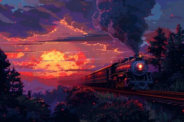Obraz premium A Nostalgic Journey: Steam Train at Sunset