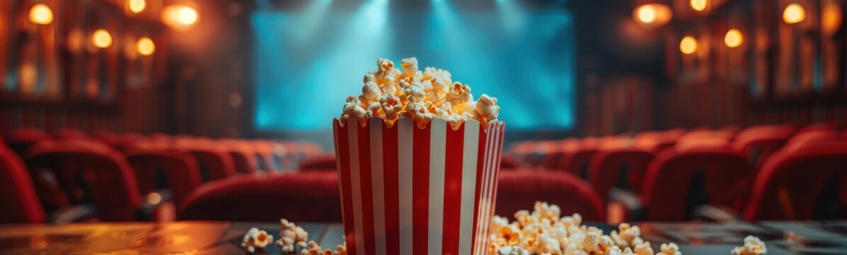 Popcorn in a striped paper cup sitting on a table in front of a theater, banner, copy space