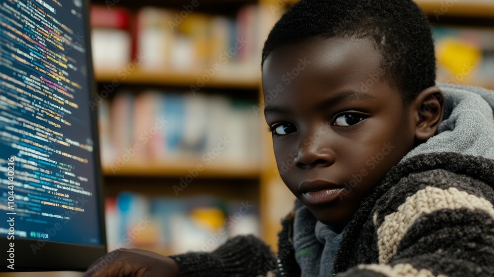 Aufkleber young student focusing on computer coding in library, educational technology. 8-10 years old.