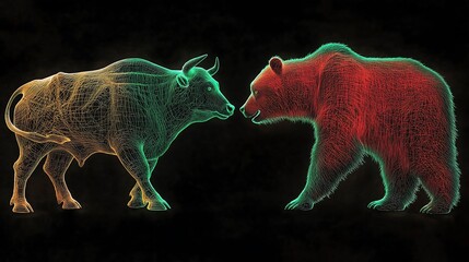 Colored wireframe of a bull fighting a full body red wireframe of a bear, isolated on dark transparent black background
