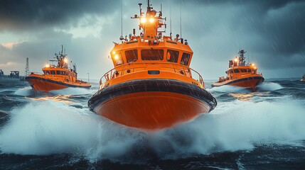 Fototapeta premium Sea Rescue Operation with Boats in a Stormy Ocean