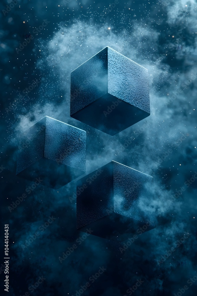 Poster three textured cubes floating amidst a cosmic backdrop filled with swirling clouds and stars, creati