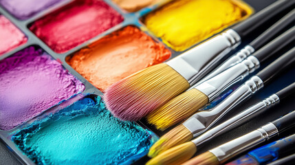 Fototapeta premium A collection of artist brushes lies next to vibrant watercolors in a workspace filled with creative potential