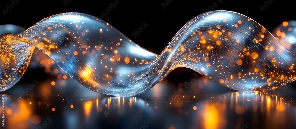 Poster a mesmerizing wave of translucent glass-like material, shimmering with orange and gold particles aga