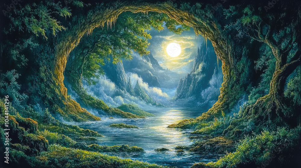 Poster lush trees frame a peaceful river, reflecting the soft glow of the sun as it sets behind distant mou