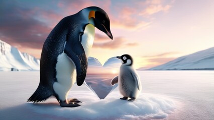 Obraz premium A baby penguin stands in front of a heart-shaped ice sculpture