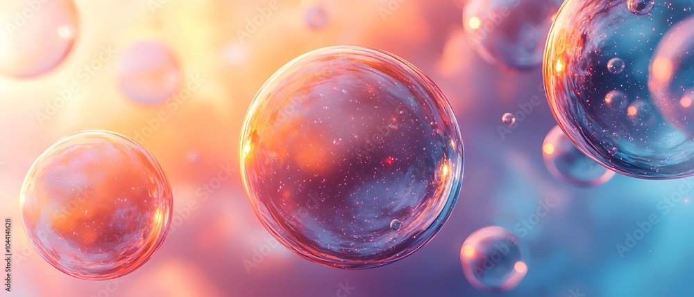 Poster close-up of colorful bubbles floating in a dreamy atmosphere, featuring soft pastel hues and glimmer