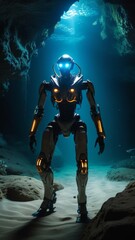 Fototapeta premium A robot is standing in a cave with blue water