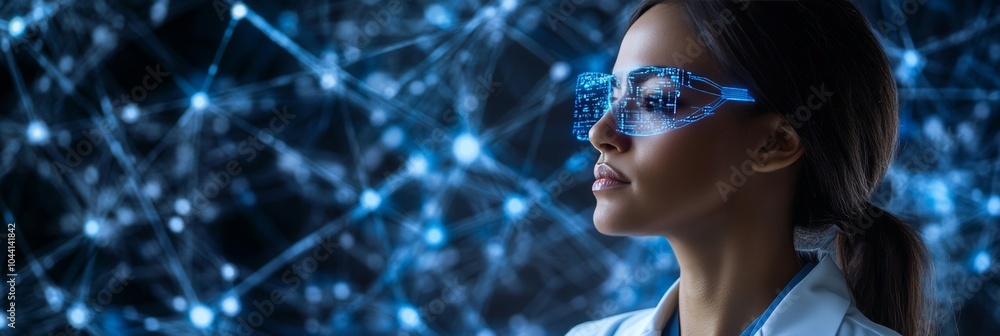 Aufkleber female scientist analyzing digital data using futuristic technology and holographic interface