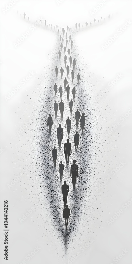 Poster a monochrome artwork depicting a diverse crowd of silhouetted figures walking in a single line, crea