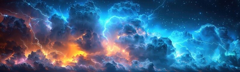 Fototapeta premium Lightning and clouds in the sky with stars, banner