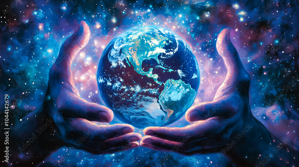 Poster a pair of hands cradles a luminous earth in a cosmic setting, representing global unity and technolo