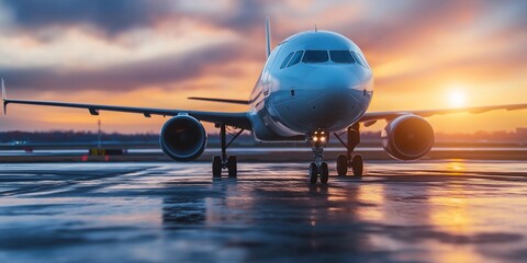 A large passenger airplane is stationed on a glossy reflective runway during a stunning golden hour sunset scene at the airport.