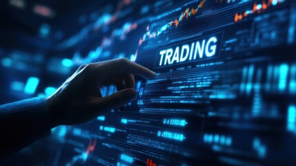 A hand interacts with a digital trading interface displaying market data and graphs.