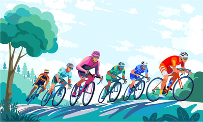Professional cyclists race through the forest area
