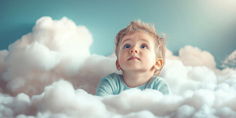 An innocent child looks up joyfully amid soft, fluffy clouds, invoking imagination and wonder.