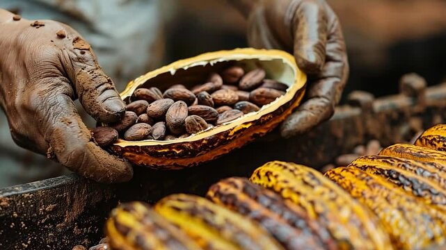 This worker extracts cocoa beans from a freshly opened pod on a lush tropical farm.