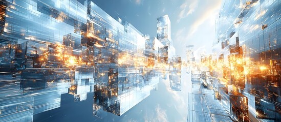 Fototapeta premium A stunning futuristic cityscape with transparent crystalline structures reflecting golden lights against a serene sky, evoking a sense of innovation and possibility.