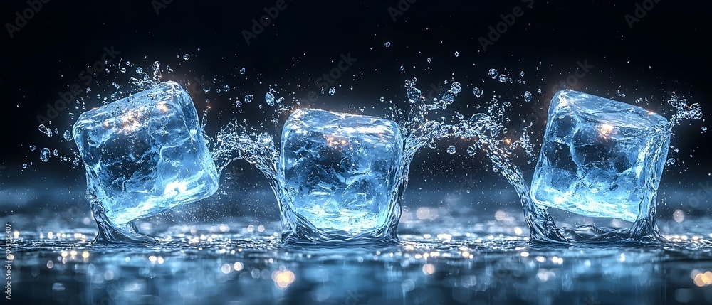 Poster three crystal-clear ice cubes splashing into dark water, creating dynamic ripples and sparkling drop