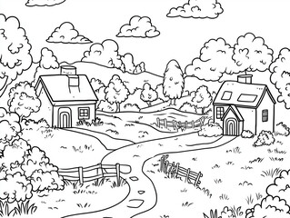 Obraz premium Happy Homes: Simple Landscape Illustration for Creative Coloring Fun
