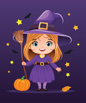 Cartoon witch with broom and hat and purple dress