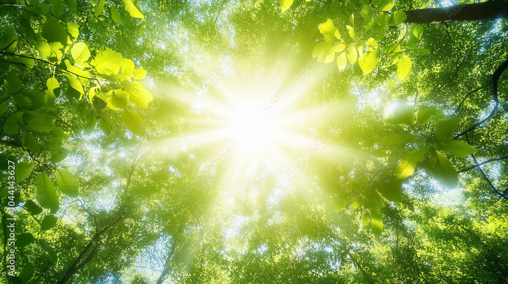 Poster sunlight streams through the dense canopy, illuminating the greenery of the tranquil rainforest belo