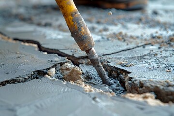 Fototapeta premium Close-Up of a Trowel Working on Cracked Concrete Surface