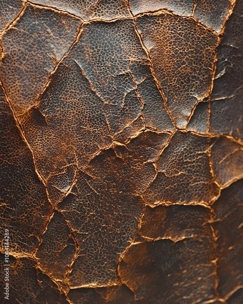 Poster a close-up view of textured brown leather, showcasing its rich, aged appearance with intricate crack