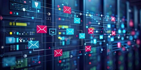 A visual representation of data flow, featuring email icons connected through digital pathways on a backdrop of servers.