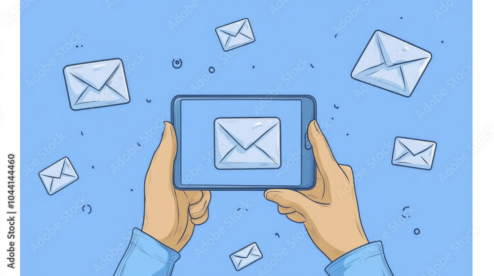Poster hands are holding a tablet showing an email notification, surrounded by animated envelopes on a brig