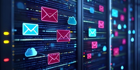 A digital data center with illuminated servers displaying email icons and cloud symbols, representing modern communication and storage technologies.