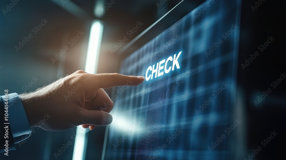 Poster a hand pressing a digital screen displaying the word 
