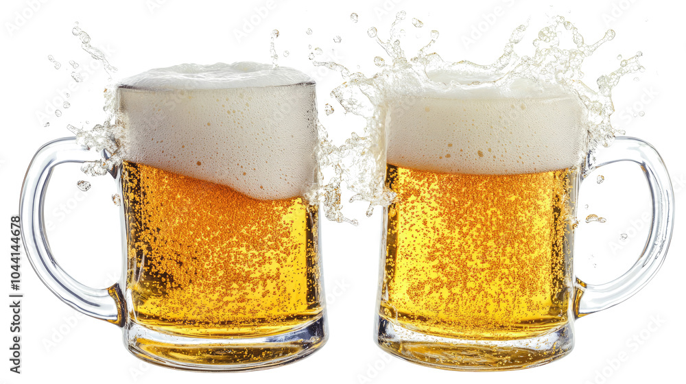 Poster two beer mugs toasting with splashes on a transparent background generative ai