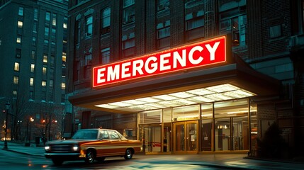 A brightly lit emergency entrance at night, featuring a vintage car and a prominent "EMERGENCY" sign, set in an urban environment.
