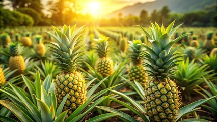Fototapeta premium Scenic view of green pineapples on plantation with golden light