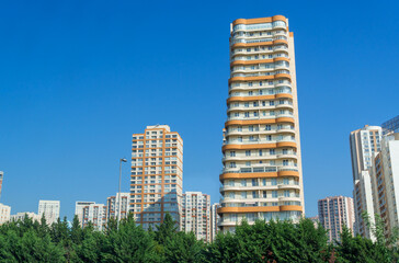 view of the city street and modern residential area with high-rise buildings, urban architecture of Istanbul, Turkey