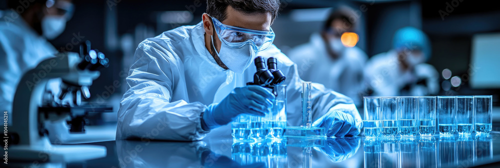 Aufkleber a scientist analyzes samples under a microscope in a modern laboratory, surrounded by colleagues wor