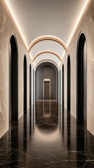 Obraz premium The elevator showcases a striking dark marble interior, featuring symmetrical design elements and sophisticated lighting in a contemporary style